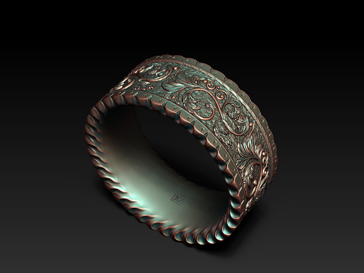 Three-quarter view of the Floral Ring showing deep floral relief, raised border detail, and MF maker's mark